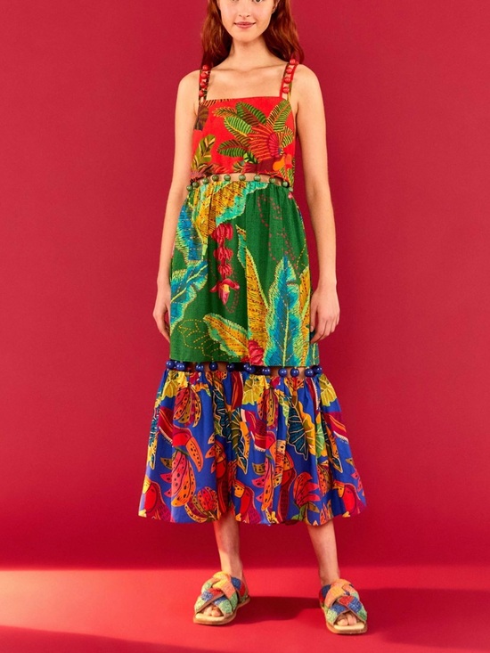 FARM Rio Dresses & Skirts - FARM Rio Colorful Mixed-Print Tiered Beased Midi Dress in Red, Green & Blue